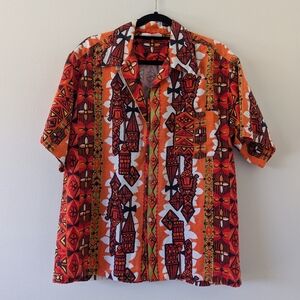 VTG 60s/70s Orange Hawaiian Tropical Luau Short Sleeve Button Up Shirt Men Large